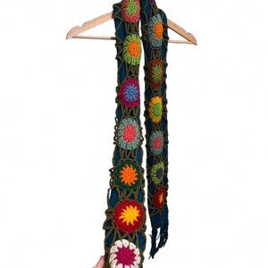 Handmade Crochet Granny Square Scarf Multicolor Boho Indie